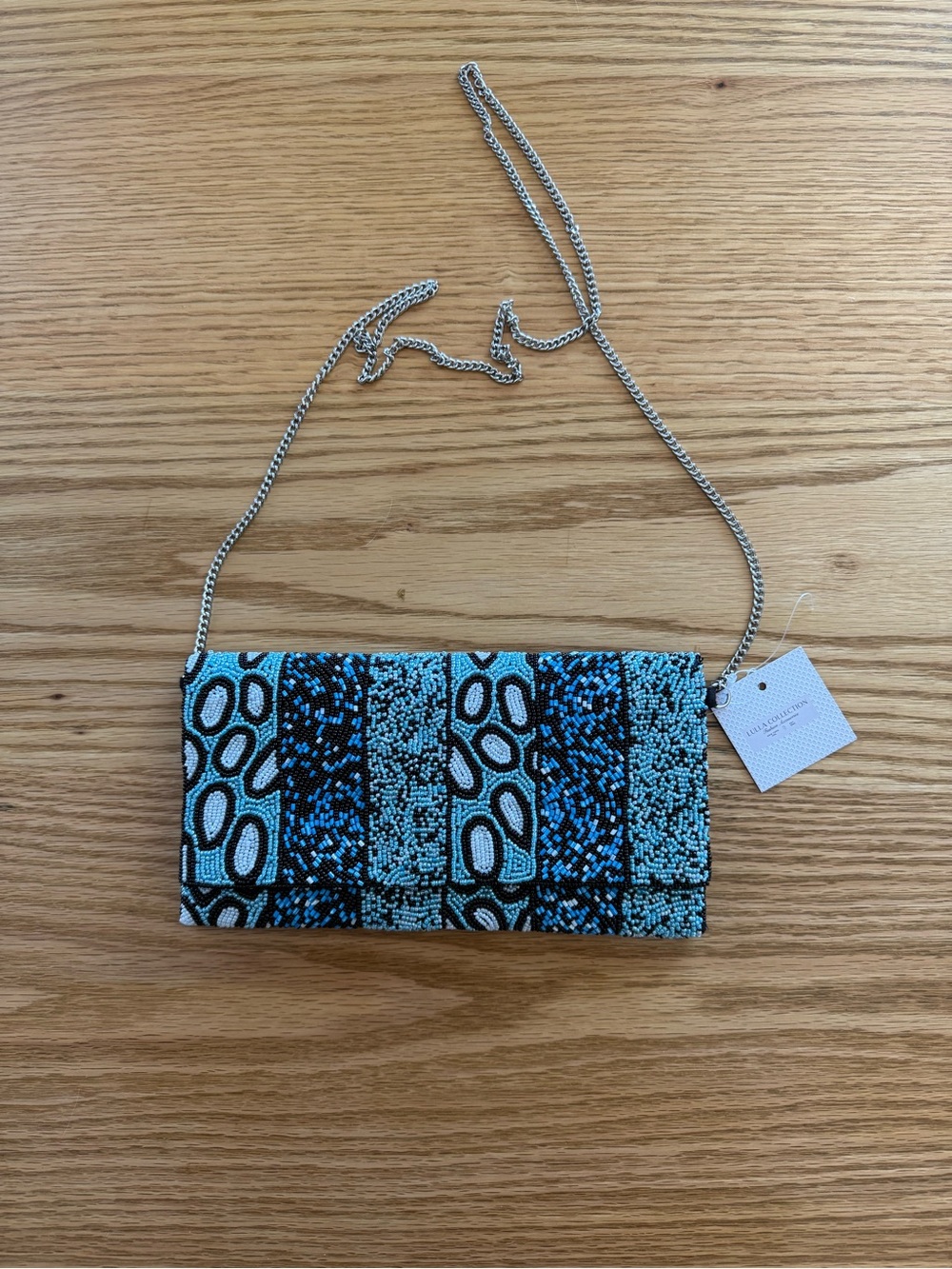 NWT Lulla Collection blue/ black patterned beaded foldover clutch chain strap